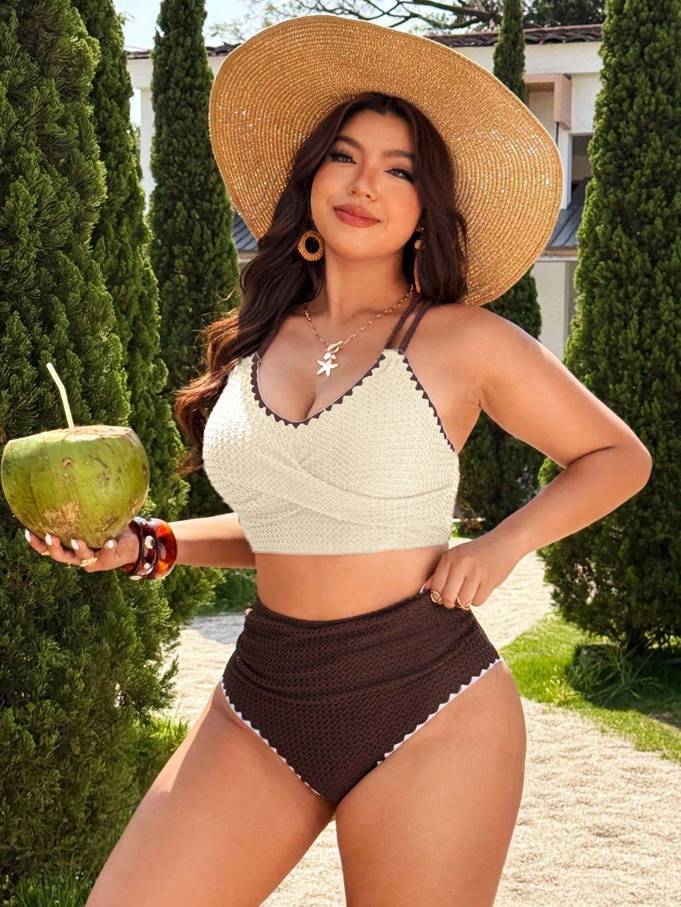 Swim Chiccia Plus Size Tank Bikini With Special Fabric And Floral Trim, European And American Elegant Sexy Series Swimsuit Beach Beige Summer