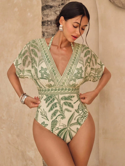 Swim Chiccia Women's South American BOHO Pattern Print Mesh Tummy Control One-Piece Swimsuit