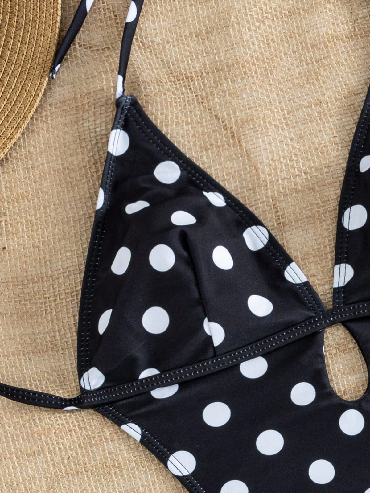 Swim Chiccia Women's Summer Black & White Polka Dot Print Hollow-Out Triangle Bikini With Side-Tie One-Piece Swimsuit