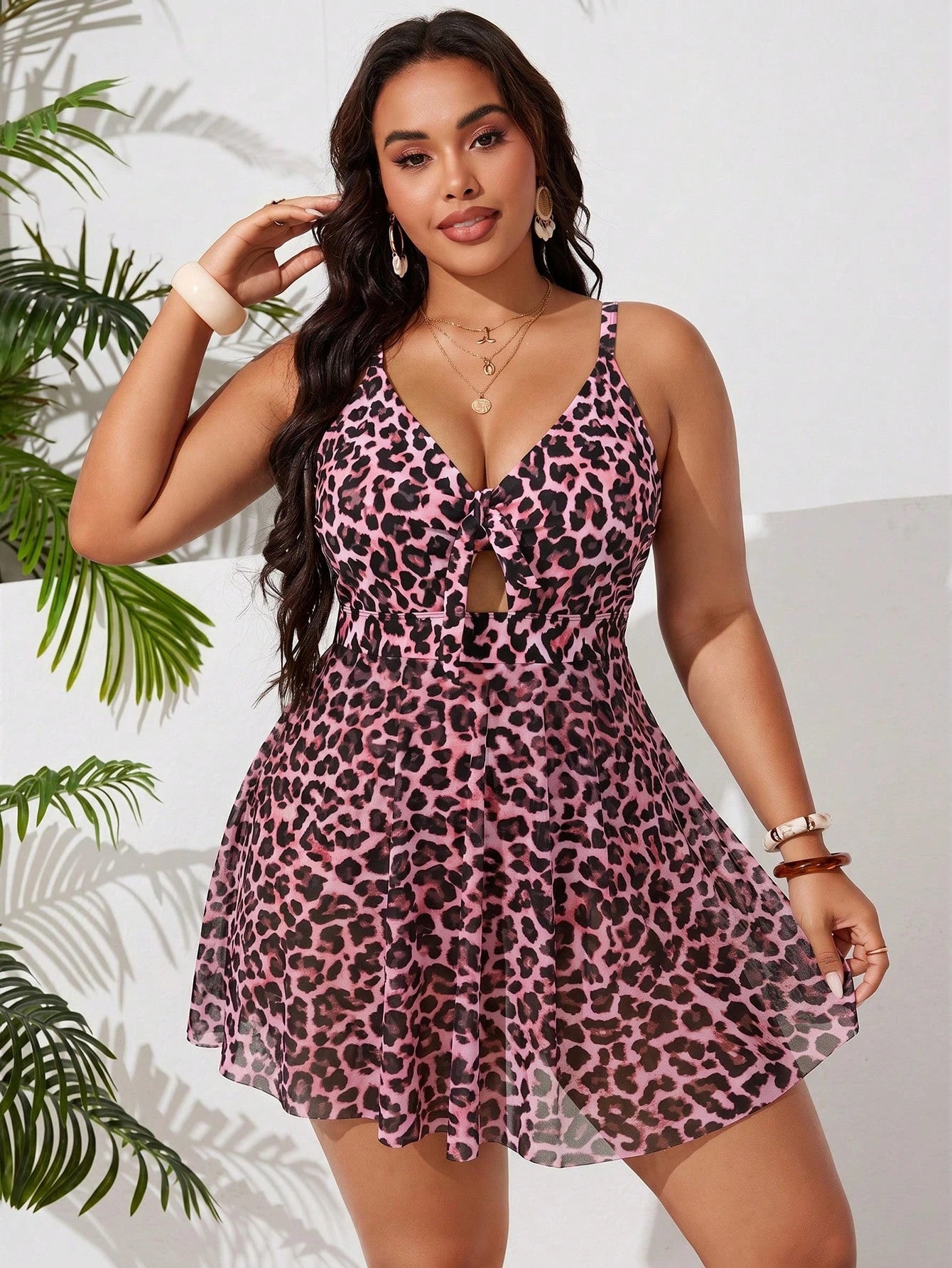 Swim Curve Plus Size Women Leopard Print One-Piece Swimsuit, Suitable For Beach Vacation, Pool Party, Beach Party