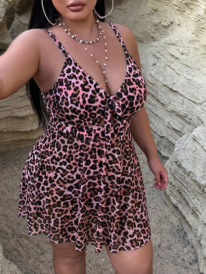 Swim Curve Plus Size Women Leopard Print One-Piece Swimsuit, Suitable For Beach Vacation, Pool Party, Beach Party