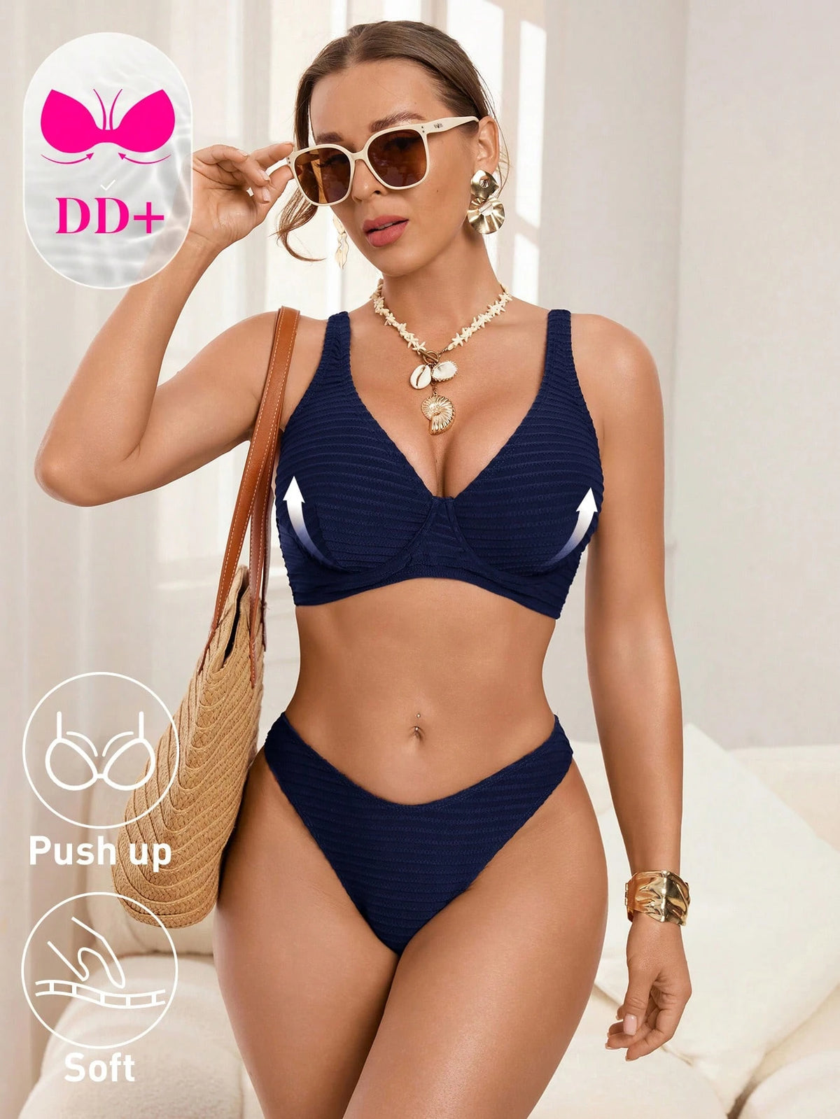 Swim DD+ Summer Beach Women's Deep V-Neck Solid Color Minimalist Swimsuit Set