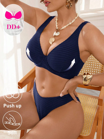 Swim DD+ Summer Beach Women's Deep V-Neck Solid Color Minimalist Swimsuit Set
