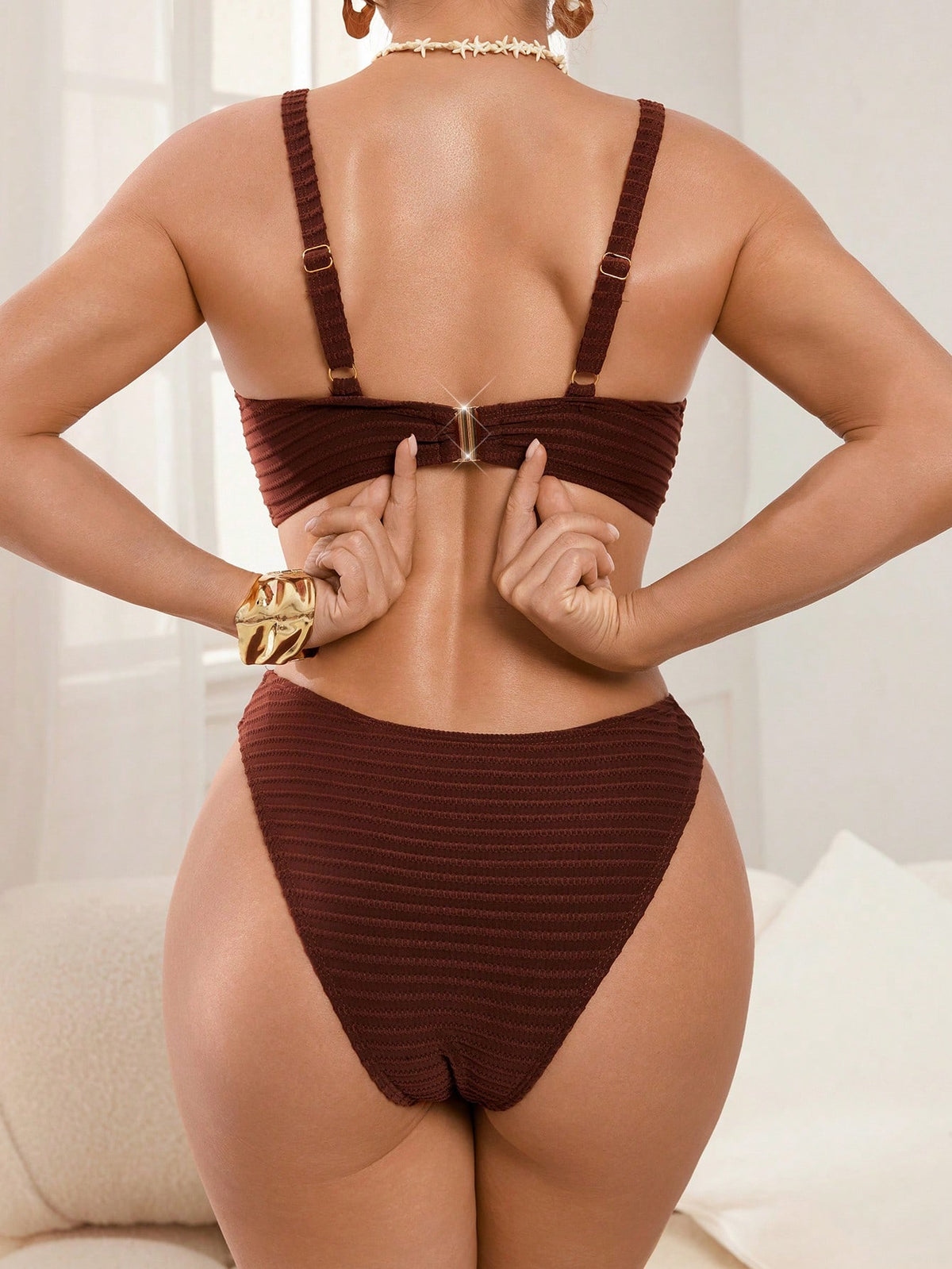 Swim DD+ Summer Beach Women's Deep V-Neck Solid Color Minimalist Swimsuit Set