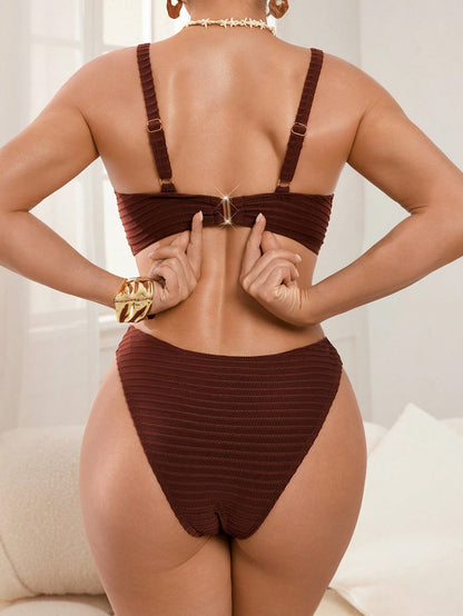 Swim DD+ Summer Beach Women's Deep V-Neck Solid Color Minimalist Swimsuit Set
