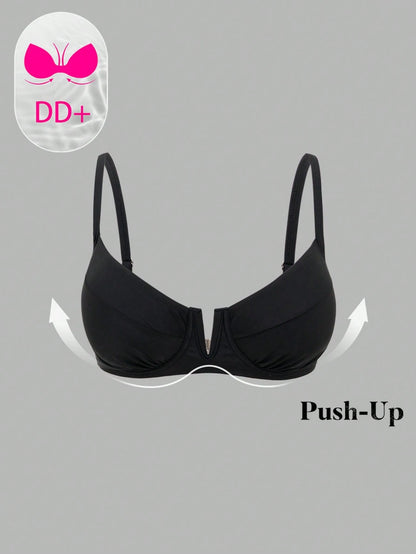 Swim DD+ Women Solid Color Spaghetti Strap Adjustable Back Clasp Front V-Neck Camisole