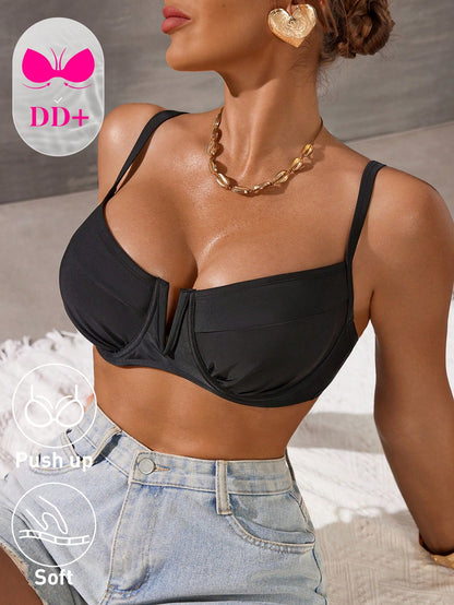 Swim DD+ Women Solid Color Spaghetti Strap Adjustable Back Clasp Front V-Neck Camisole