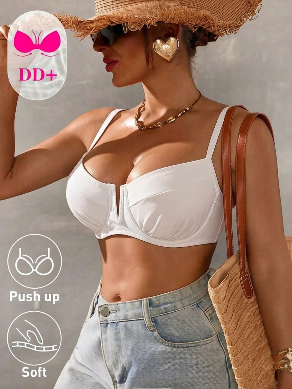 Swim DD+ Women Solid Color Spaghetti Strap Adjustable Back Clasp Front V-Neck Camisole