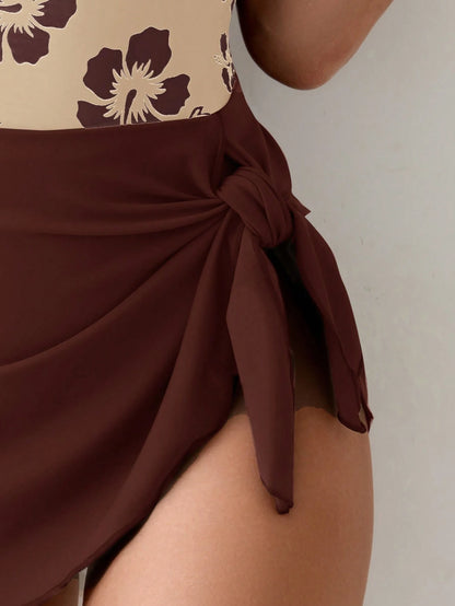 Swim Lushoire 1pc Hibiscus Flower Decor U-Neck Slimming One-Piece Swimdress