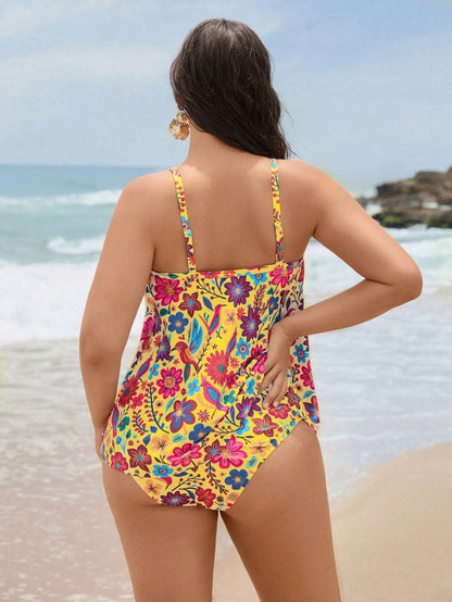 Swim Lushoire 2026 New Plus Size Women Tankini Swimwear Set, Printed High Waist Ruffled Design Two Pieces Swimwear
