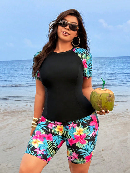 Swim Lushoire 2026 New Summer Beach Vacation Plus Size Women Outdoor Sports Solid Color Patchwork Printed Short Sleeve Beach Pants Swimwear Set, Summer