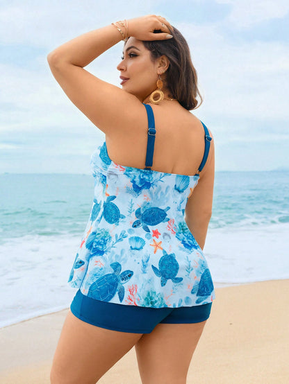Swim Lushoire 2026 Spring New Plus Size Women's Underwater Animal Print Skirt Bikini Set, Two Pieces Swimwear