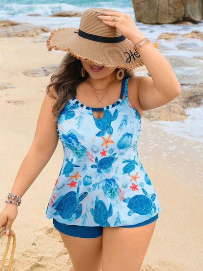 Swim Lushoire 2026 Spring New Plus Size Women's Underwater Animal Print Skirt Bikini Set, Two Pieces Swimwear