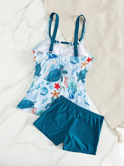 Swim Lushoire 2026 Spring New Plus Size Women's Underwater Animal Print Skirt Bikini Set, Two Pieces Swimwear