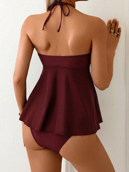 Swim Lushoire 2pcs Burgundy Fabric Seashell Accessory Matching Shoulder Strap Necklace Pearl Decor Vacation Style Camisole Bikini Set Beach Vacation Summer Tropical