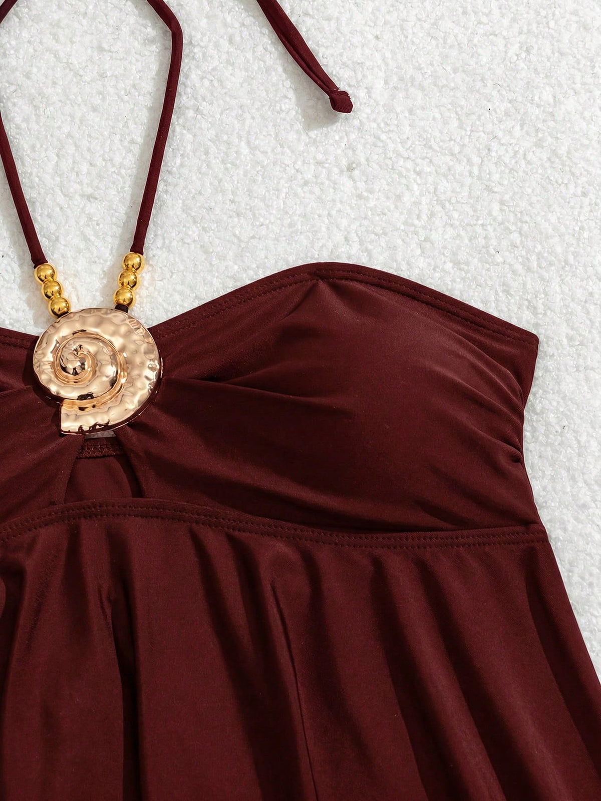 Swim Lushoire 2pcs Burgundy Fabric Seashell Accessory Matching Shoulder Strap Necklace Pearl Decor Vacation Style Camisole Bikini Set Beach Vacation Summer Tropical