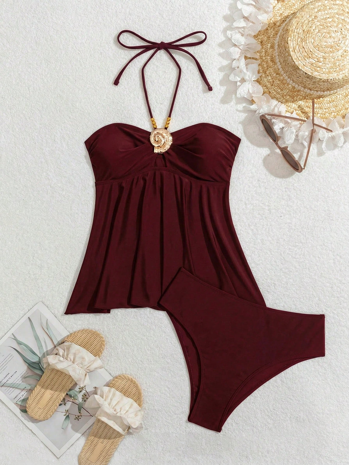 Swim Lushoire 2pcs Burgundy Fabric Seashell Accessory Matching Shoulder Strap Necklace Pearl Decor Vacation Style Camisole Bikini Set Beach Vacation Summer Tropical