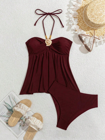 Swim Lushoire 2pcs Burgundy Fabric Seashell Accessory Matching Shoulder Strap Necklace Pearl Decor Vacation Style Camisole Bikini Set Beach Vacation Summer Tropical