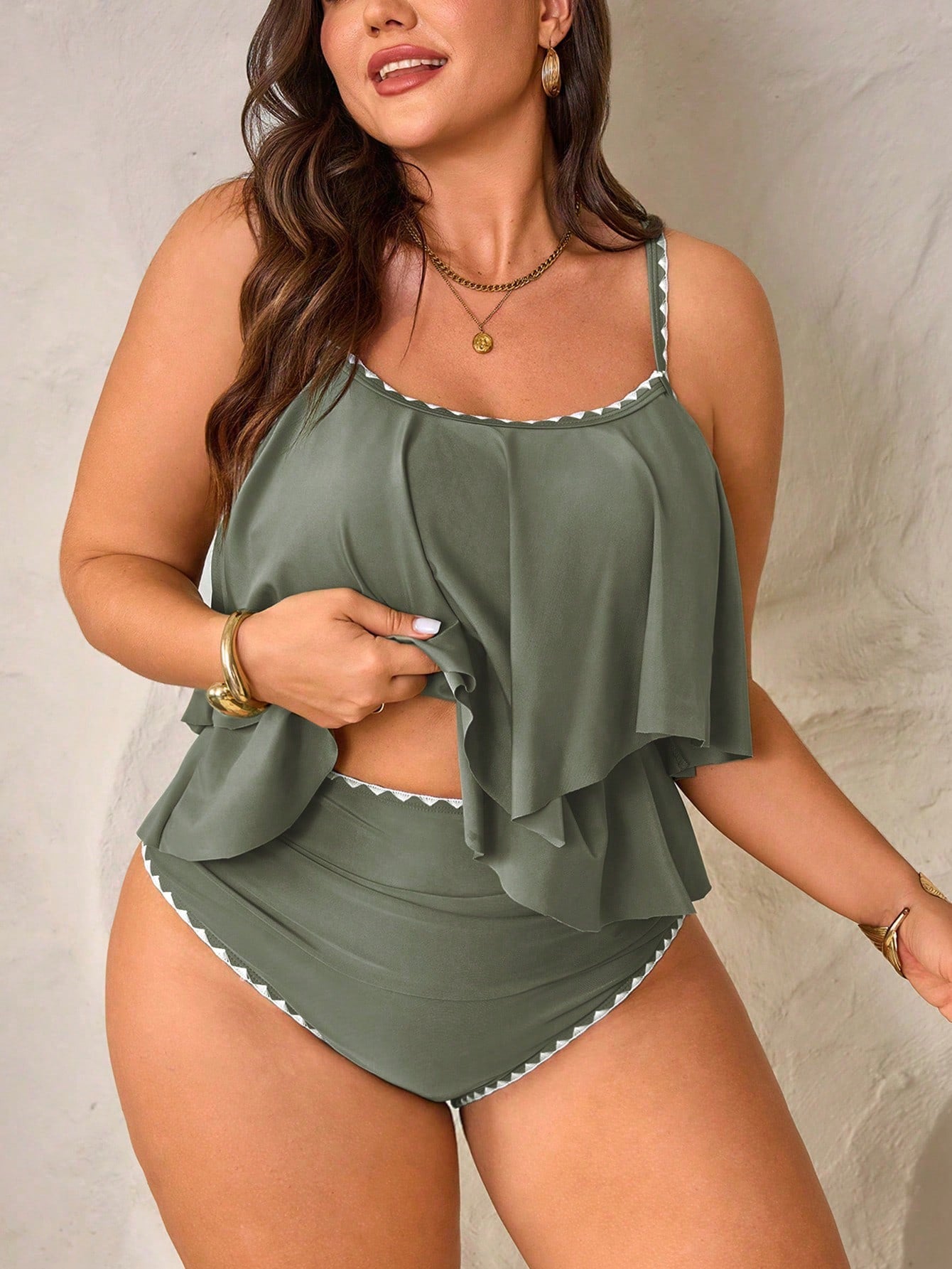 Swim Lushoire 2pcs Plus Size Women Green Spaghetti Strap Double Ruffle Trim Top And High Waist Ruffle Trim Pants Set, Summer Beach Holiday