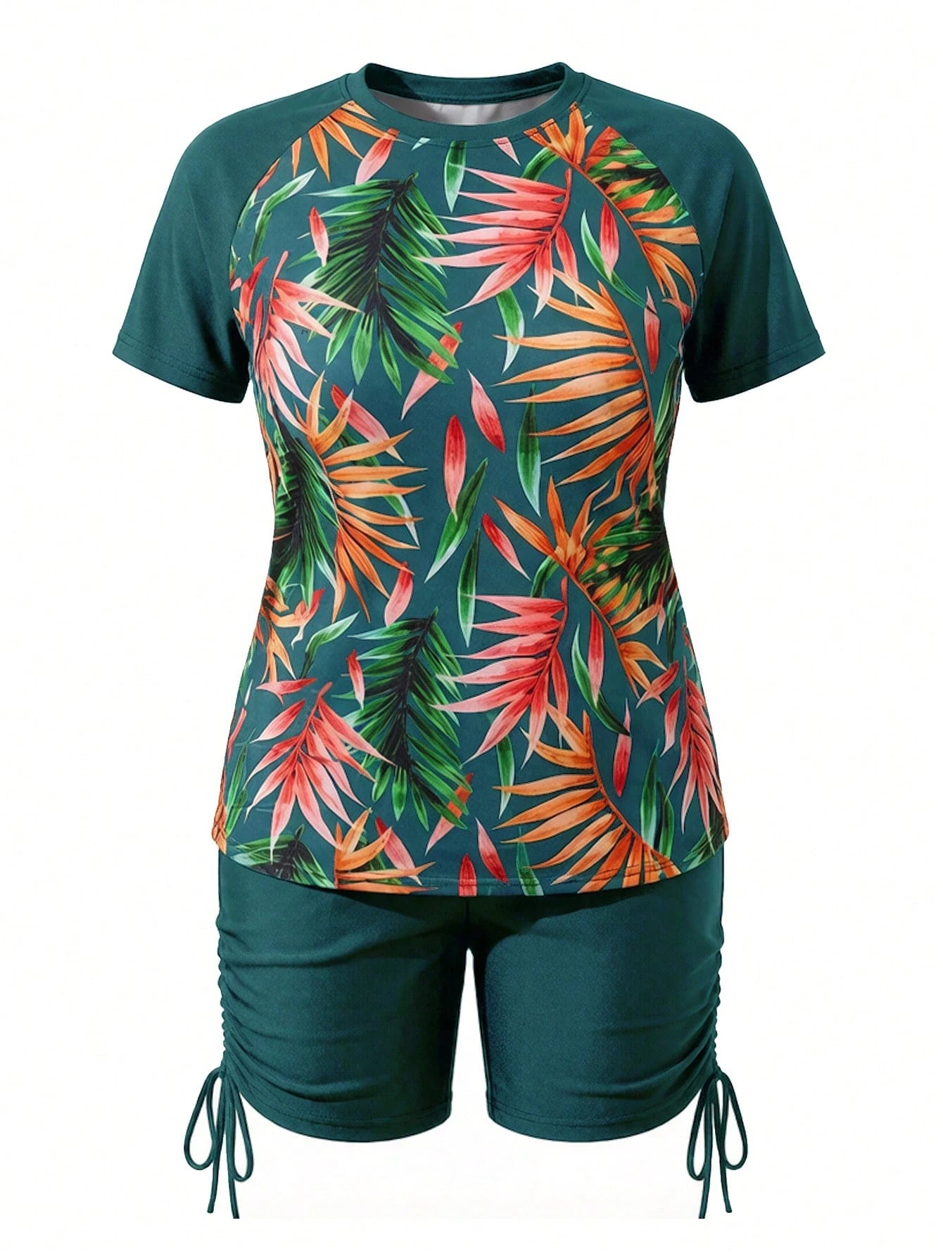 Swim Lushoire 2pcs Plus Size Women Summer Random Print Short Sleeve Cropped Top And Shorts Bikini Swimsuit, Casual Vacation