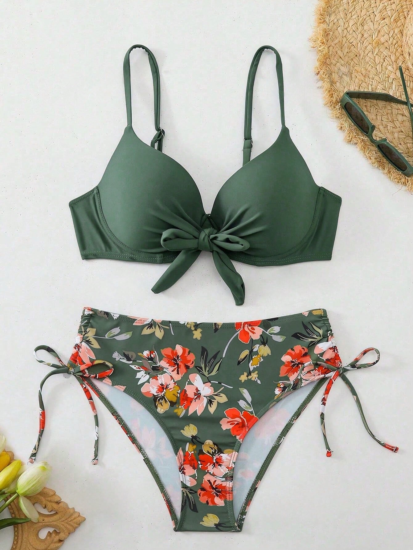 Swim Lushoire 2pcs Set Mature Fashion Sexy Swimwear For Women, Blue-Green Peacock Green Tie-Front Solid Color Swimsuit And Floral Print Shorts Set, Summer Beach Vacation Style