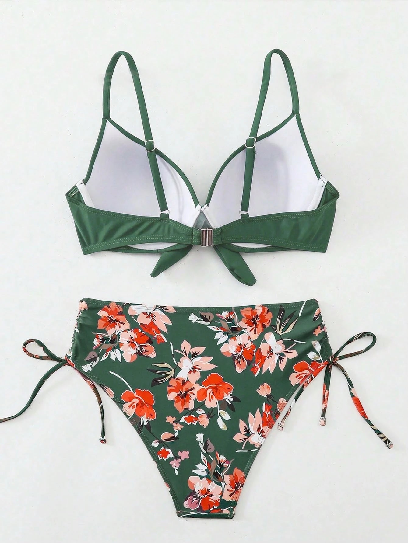 Swim Lushoire 2pcs Set Mature Fashion Sexy Swimwear For Women, Blue-Green Peacock Green Tie-Front Solid Color Swimsuit And Floral Print Shorts Set, Summer Beach Vacation Style