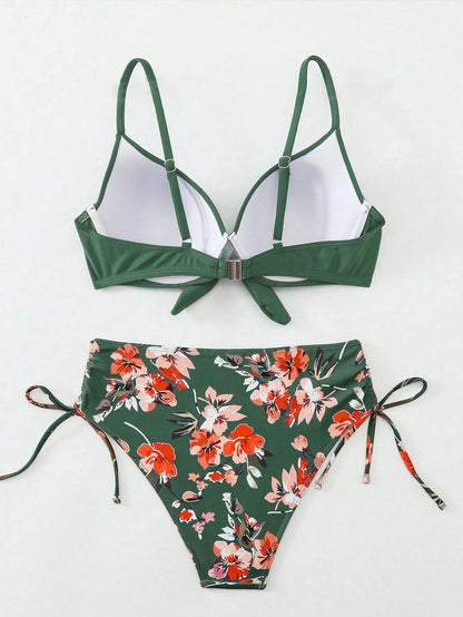 Swim Lushoire 2pcs Set Mature Fashion Sexy Swimwear For Women, Blue-Green Peacock Green Tie-Front Solid Color Swimsuit And Floral Print Shorts Set, Summer Beach Vacation Style