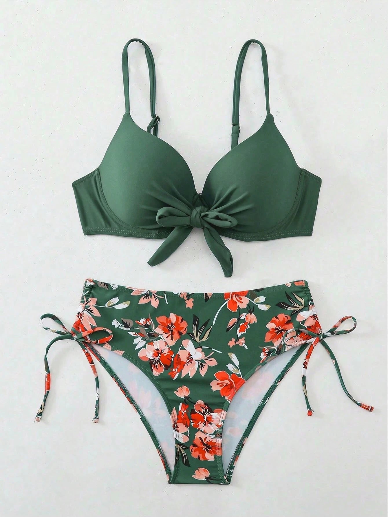 Swim Lushoire 2pcs Set Mature Fashion Sexy Swimwear For Women, Blue-Green Peacock Green Tie-Front Solid Color Swimsuit And Floral Print Shorts Set, Summer Beach Vacation Style