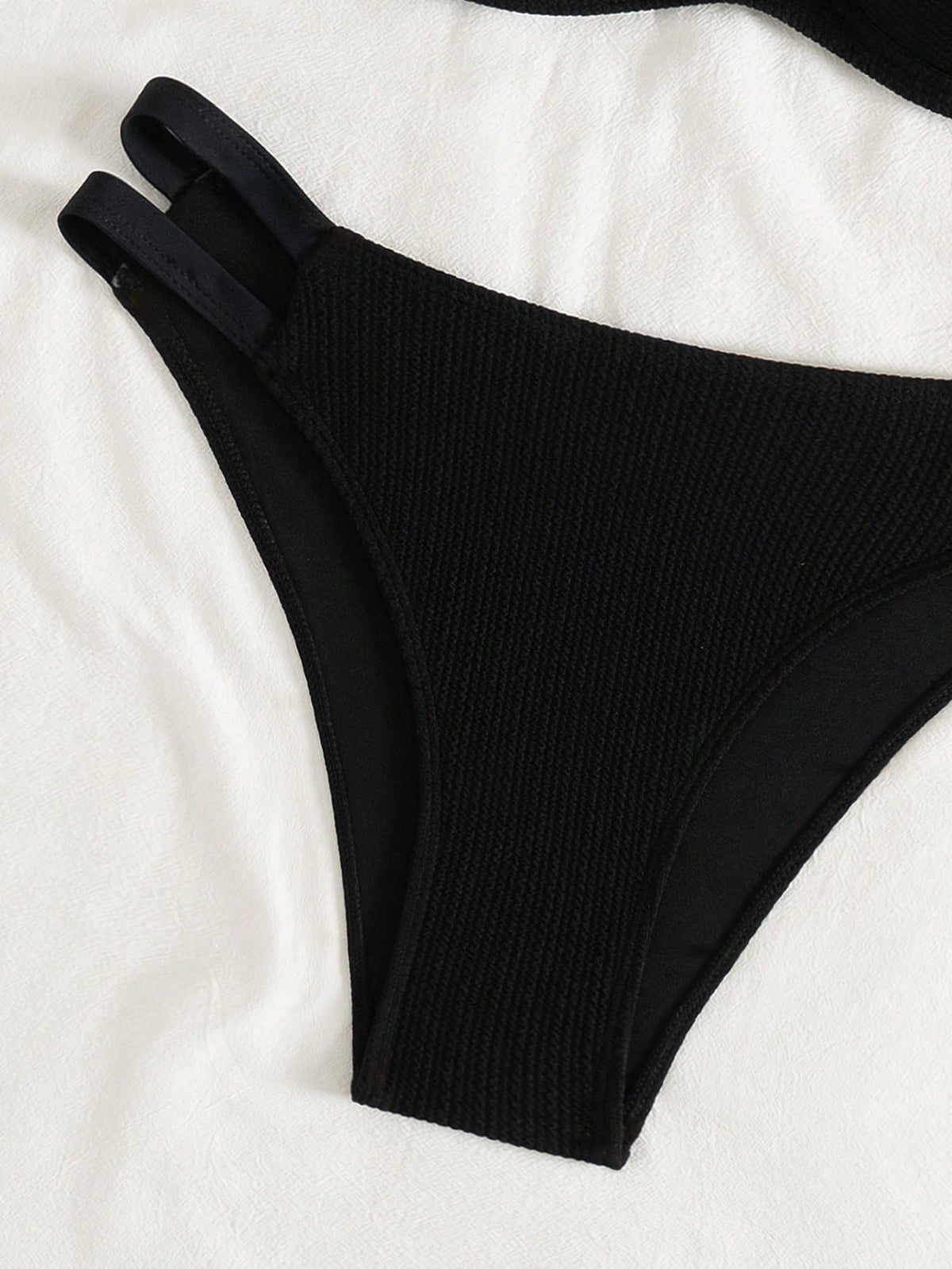 Swim Lushoire 2pcs/Set Push-Up Women Summer Beach Simple Solid Color Textured Fabric Spaghetti Strap Black Bikini Suit
