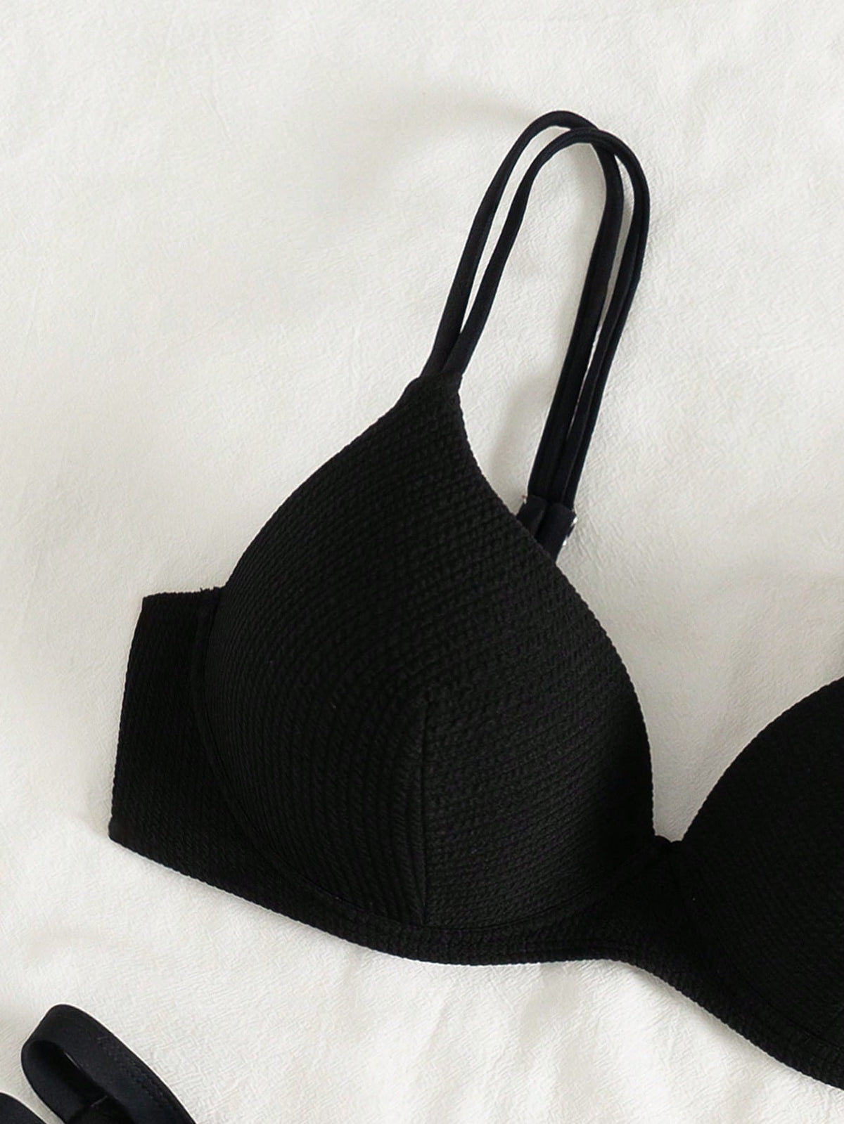 Swim Lushoire 2pcs/Set Push-Up Women Summer Beach Simple Solid Color Textured Fabric Spaghetti Strap Black Bikini Suit