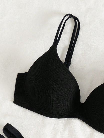 Swim Lushoire 2pcs/Set Push-Up Women Summer Beach Simple Solid Color Textured Fabric Spaghetti Strap Black Bikini Suit