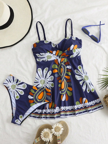 Swim Lushoire 2pcs/Set Women's Swimwear Maxi Dress, Custom Design Summer Vacation Swimsuit, Bohemian Style Long Dress Swimwear