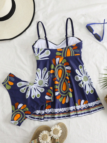 Swim Lushoire 2pcs/Set Women's Swimwear Maxi Dress, Custom Design Summer Vacation Swimsuit, Bohemian Style Long Dress Swimwear