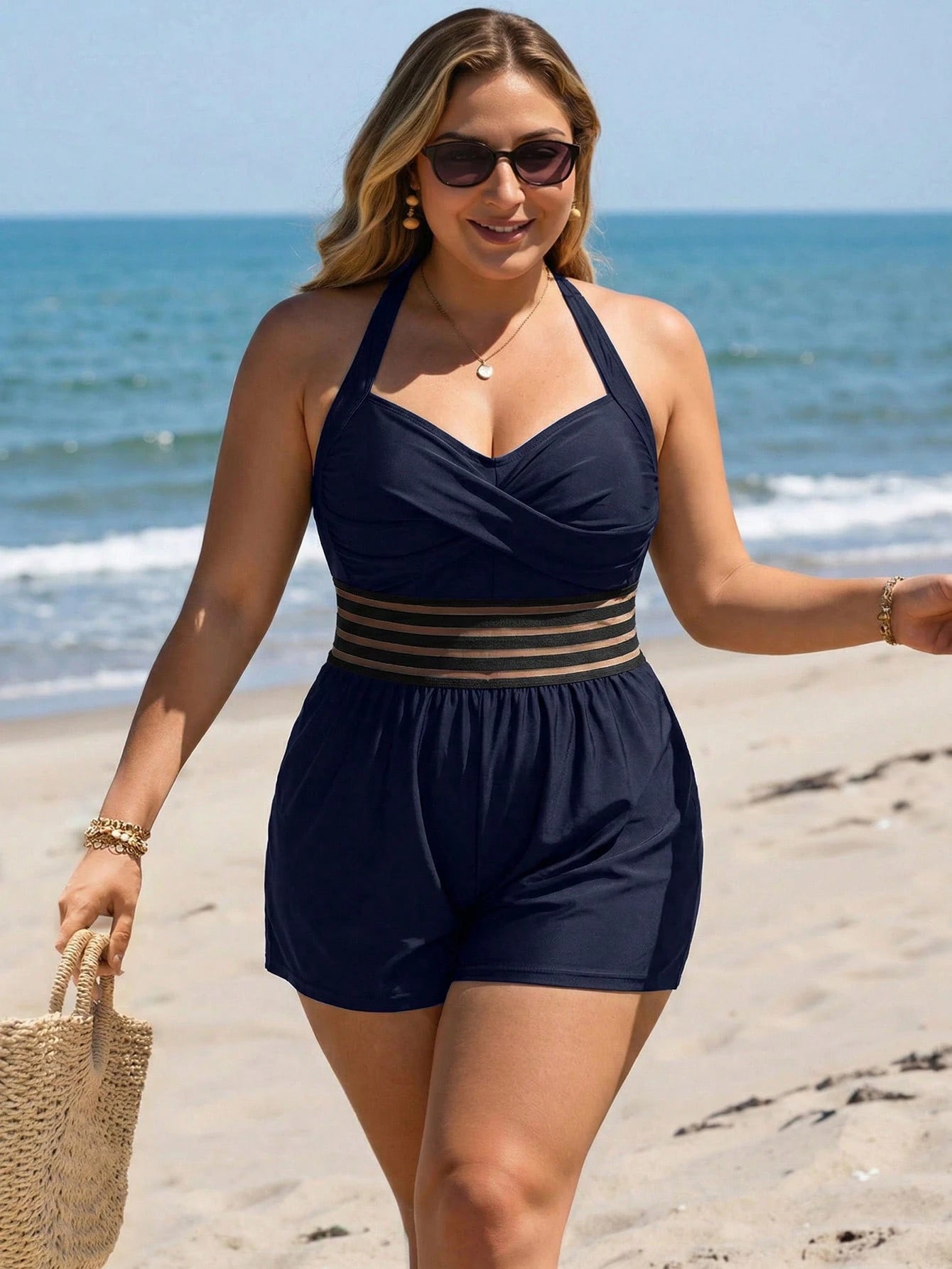 Swim Lushoire Elegant Adjustable Strap Plus Size One-Piece Palazzo Pants For Vacation