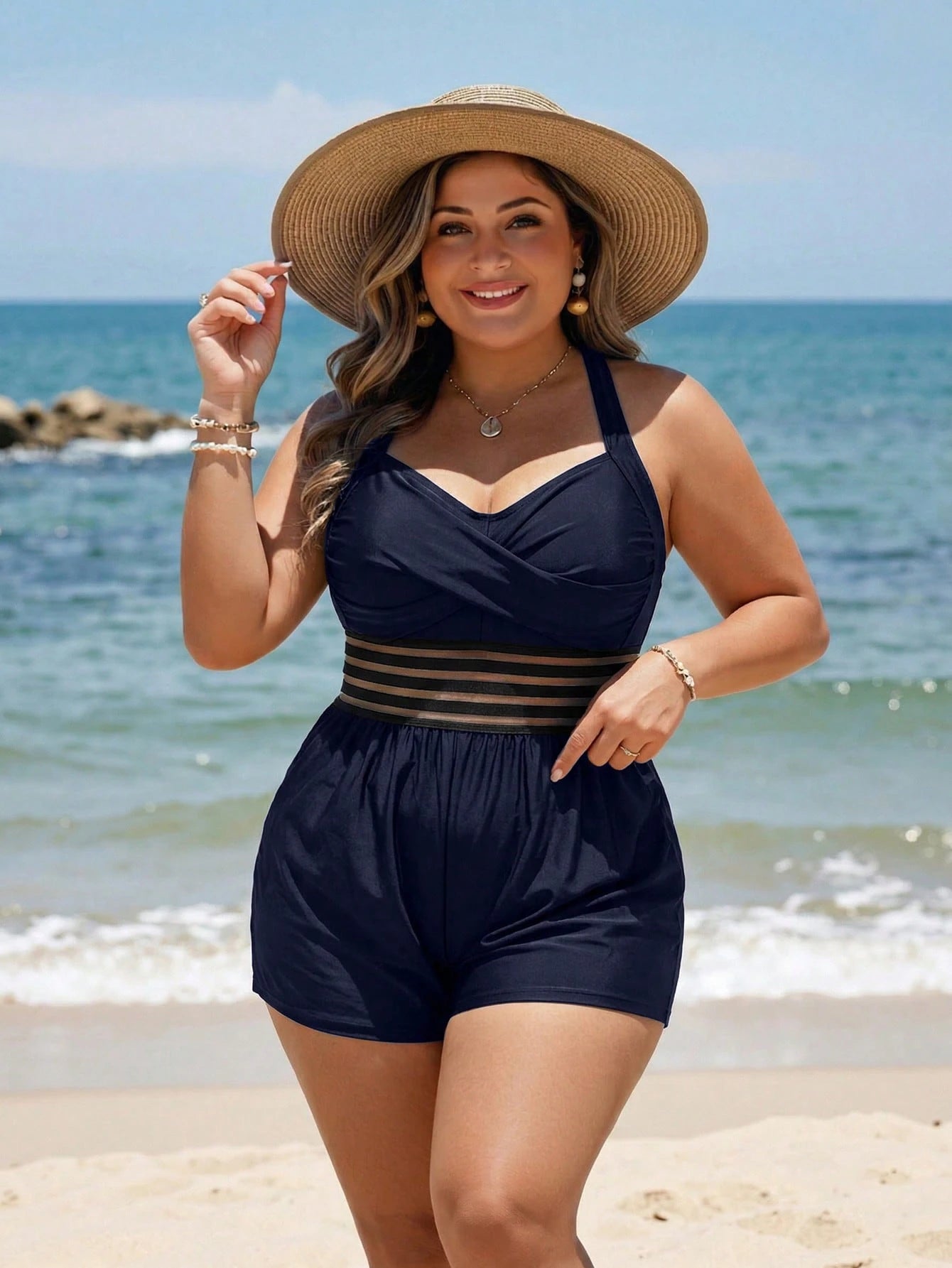 Swim Lushoire Elegant Adjustable Strap Plus Size One-Piece Palazzo Pants For Vacation