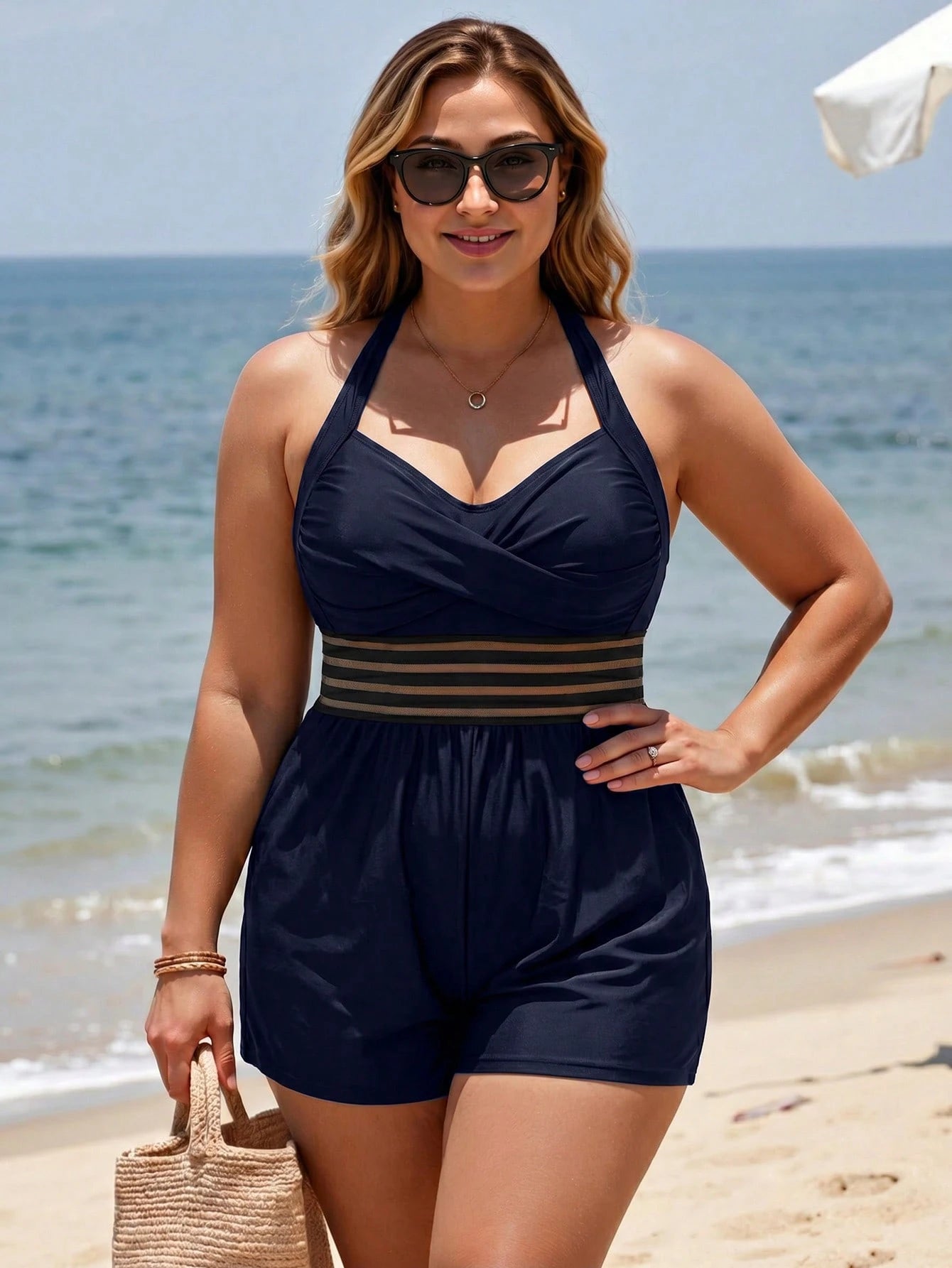 Swim Lushoire Elegant Adjustable Strap Plus Size One-Piece Palazzo Pants For Vacation