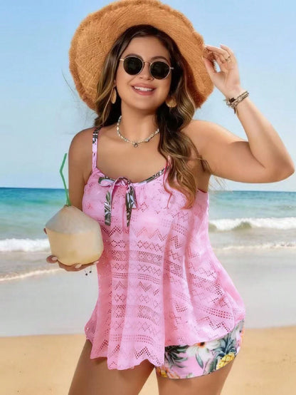 Swim Lushoire New Plus Size Women Floral Print Spaghetti Strap Top And Fitted Shorts 2 Pieces Swimwear, Vacation Casual