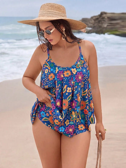 Swim Lushoire New Plus Size Women's Tankini Swimwear Set, Navy Blue Floral High Waist Ruched Design Two Pieces Swimwear Holiday Beach Summer Boho