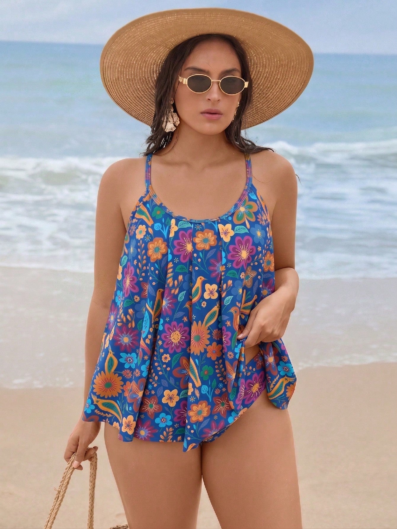 Swim Lushoire New Plus Size Women's Tankini Swimwear Set, Navy Blue Floral High Waist Ruched Design Two Pieces Swimwear Holiday Beach Summer Boho