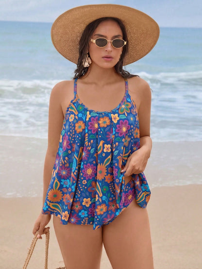 Swim Lushoire New Plus Size Women's Tankini Swimwear Set, Navy Blue Floral High Waist Ruched Design Two Pieces Swimwear Holiday Beach Summer Boho