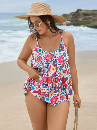 Swim Lushoire New Plus Size Women's Tankini Swimwear Set, Navy Blue Floral High Waist Ruched Design Two Pieces Swimwear Holiday Beach Summer Boho
