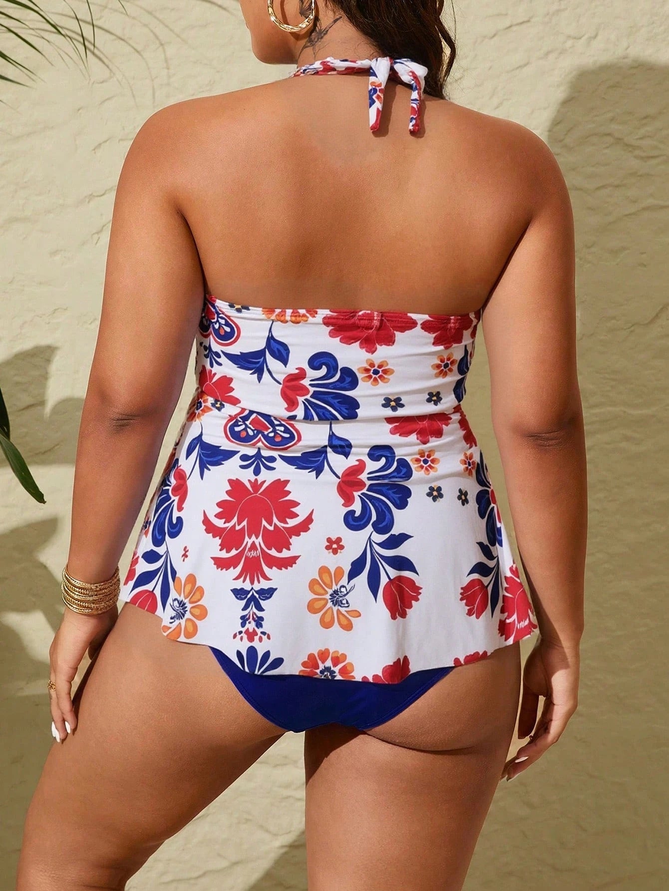 Swim Lushoire Plus Size 2pcs Set Multicolor Placement Print Spaghetti Strap Backless Fashion Tank Bikini Swimsuit Beach White Navy Blue Summer
