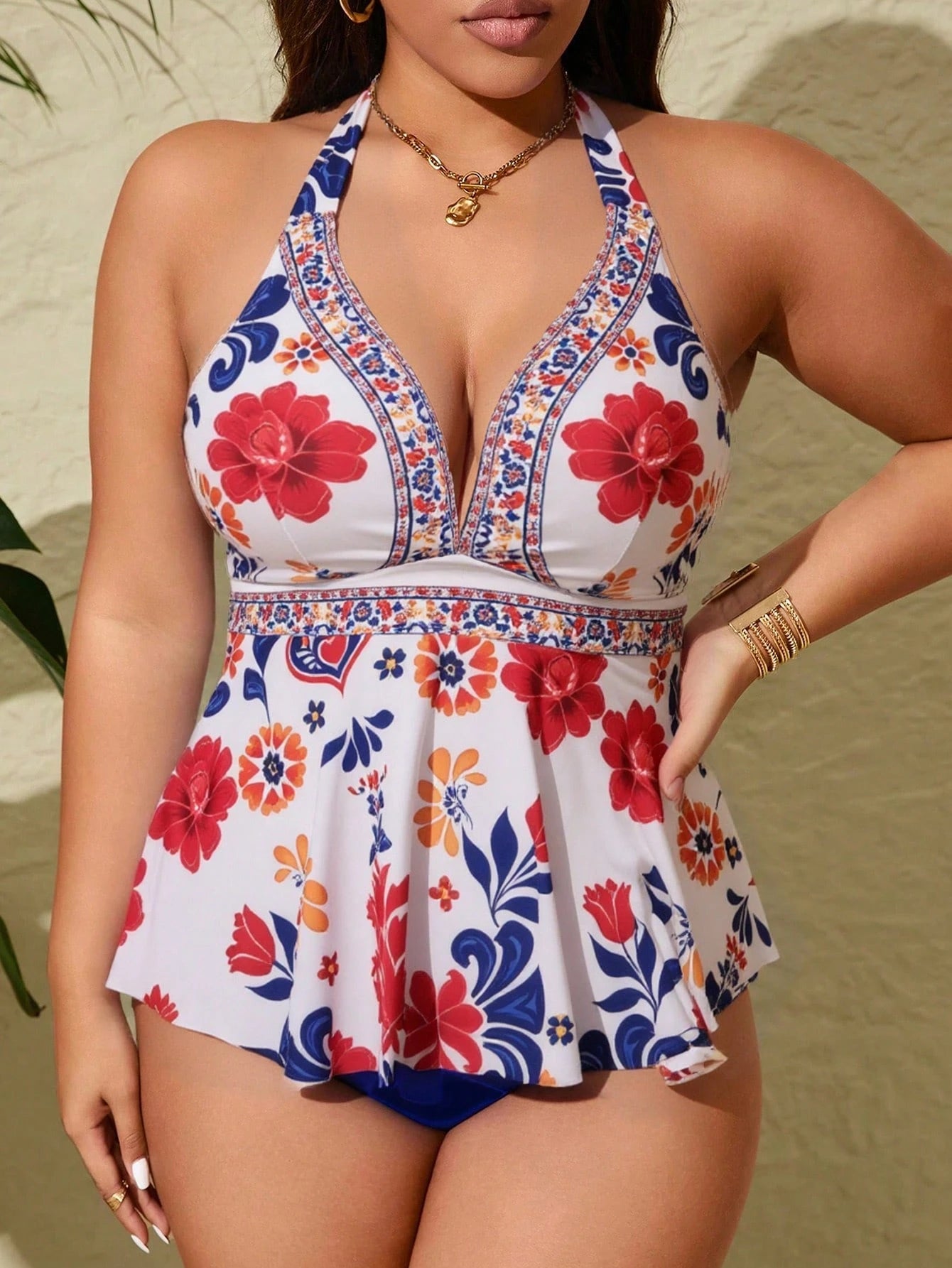 Swim Lushoire Plus Size 2pcs Set Multicolor Placement Print Spaghetti Strap Backless Fashion Tank Bikini Swimsuit Beach White Navy Blue Summer
