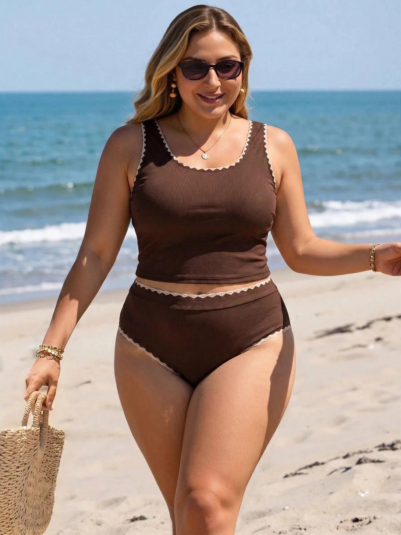 Swim Lushoire Plus Size Contrast Color Trim Summer Beach Bikini Top