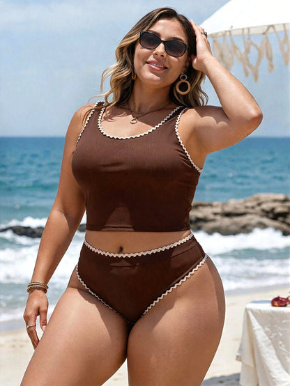 Swim Lushoire Plus Size Contrast Color Trim Summer Beach Bikini Top