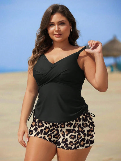 Swim Lushoire Plus Size Floral Print Tankini Swimwear Holiday Beach Holiday Vacation Black Leporad Print Summer