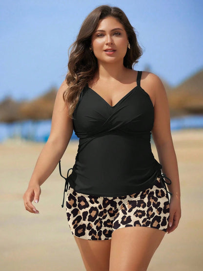 Swim Lushoire Plus Size Floral Print Tankini Swimwear Holiday Beach Holiday Vacation Black Leporad Print Summer