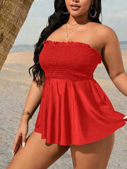 Swim Lushoire Plus Size Solid Color Bandeau Tankini Swimwear Set