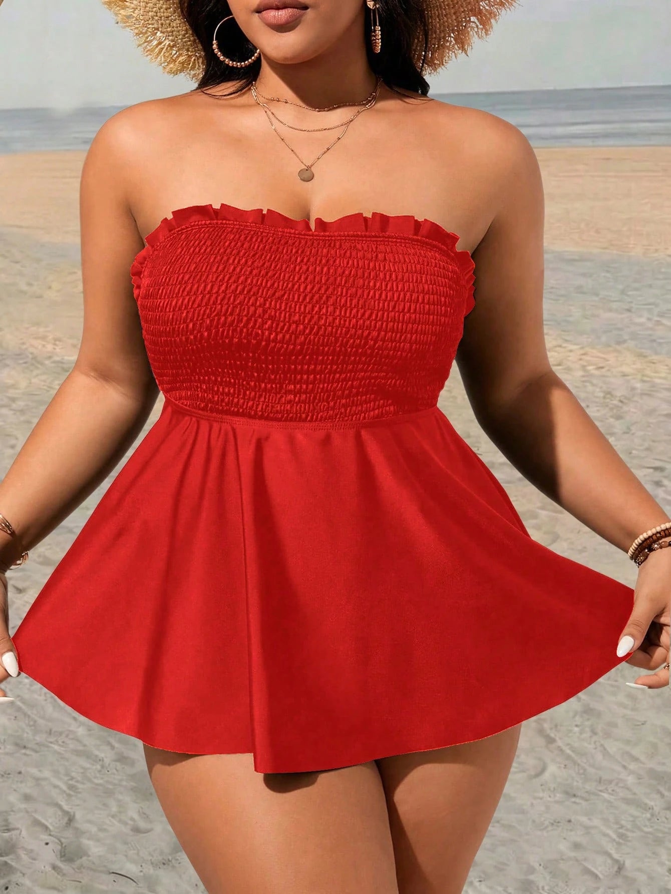 Swim Lushoire Plus Size Solid Color Bandeau Tankini Swimwear Set
