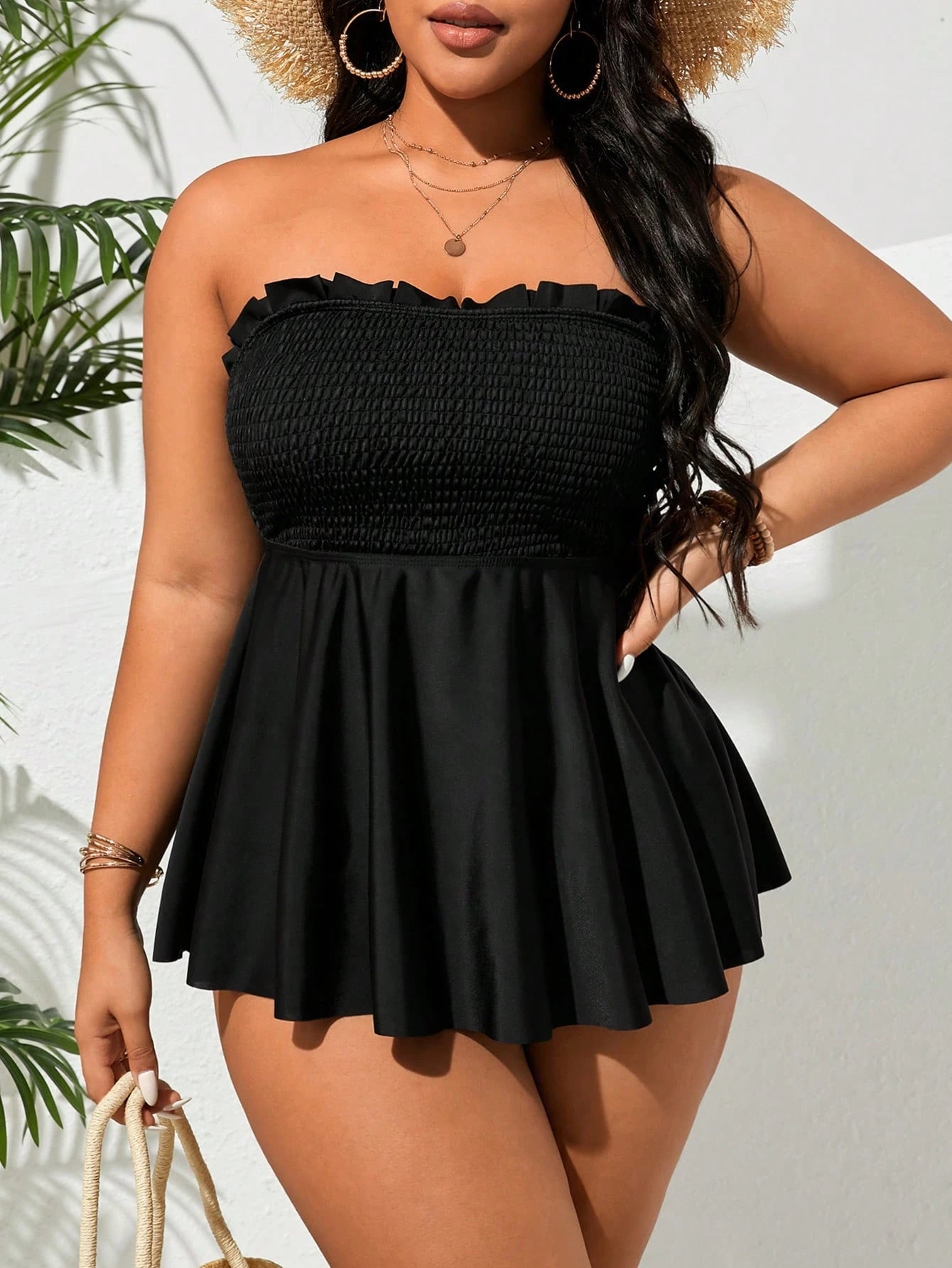 Swim Lushoire Plus Size Solid Color Bandeau Tankini Swimwear Set